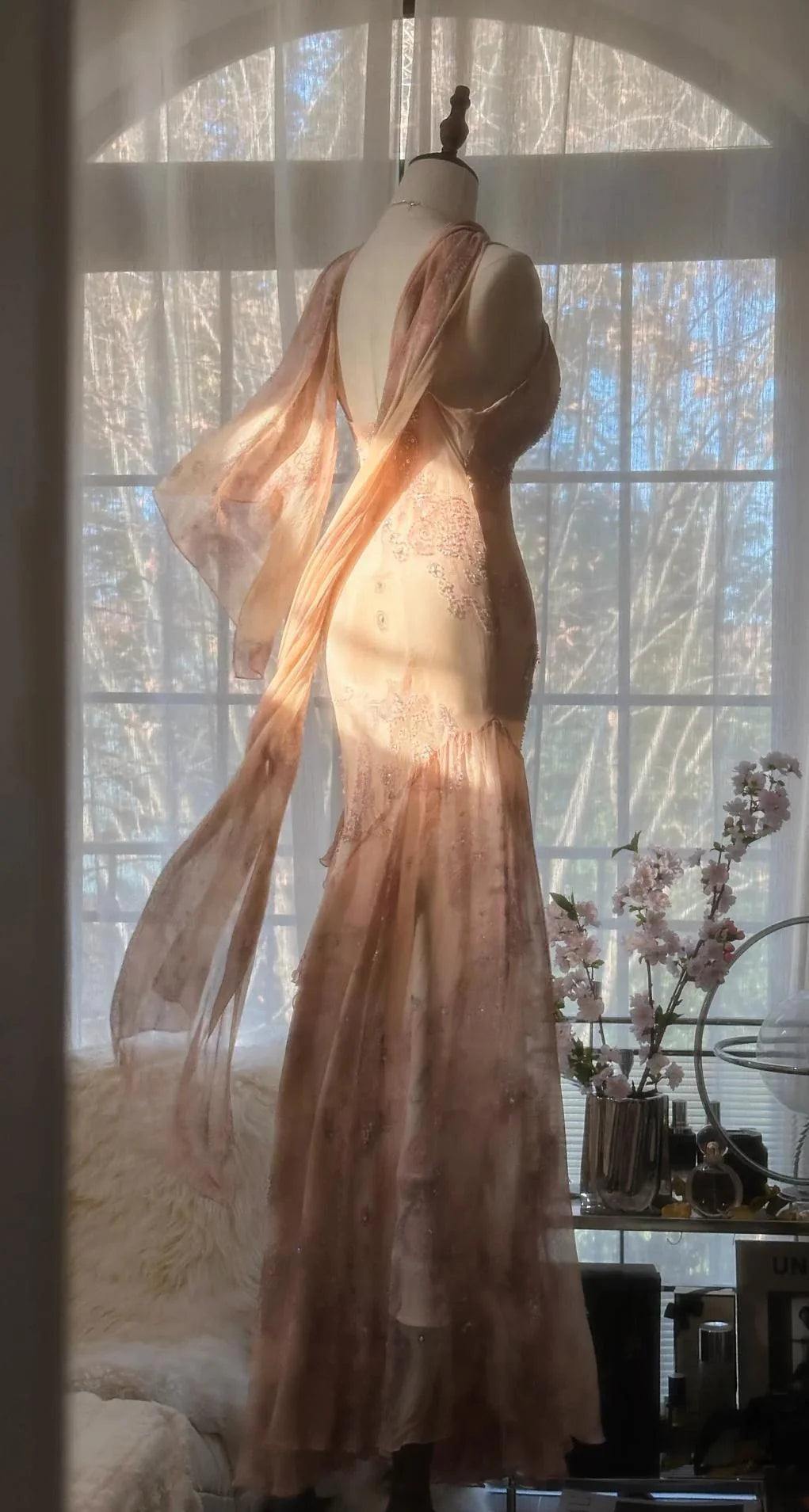 Ethereal Mermaid Cowl Neck Beaded Blush Maxi Party Dress