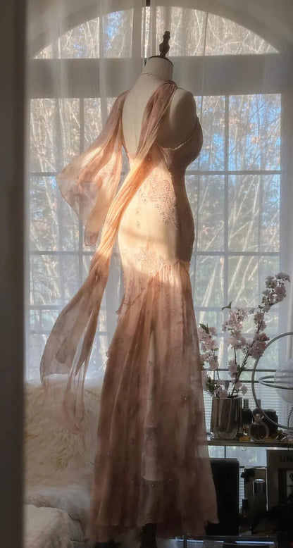 Ethereal Mermaid Cowl Neck Beaded Blush Maxi Party Dress