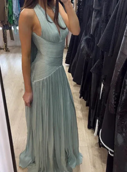 Ethereal Mermaid Halter Neck Sleeveless Ruched Mint Green Maxi Prom Dress for Women Hot Sale