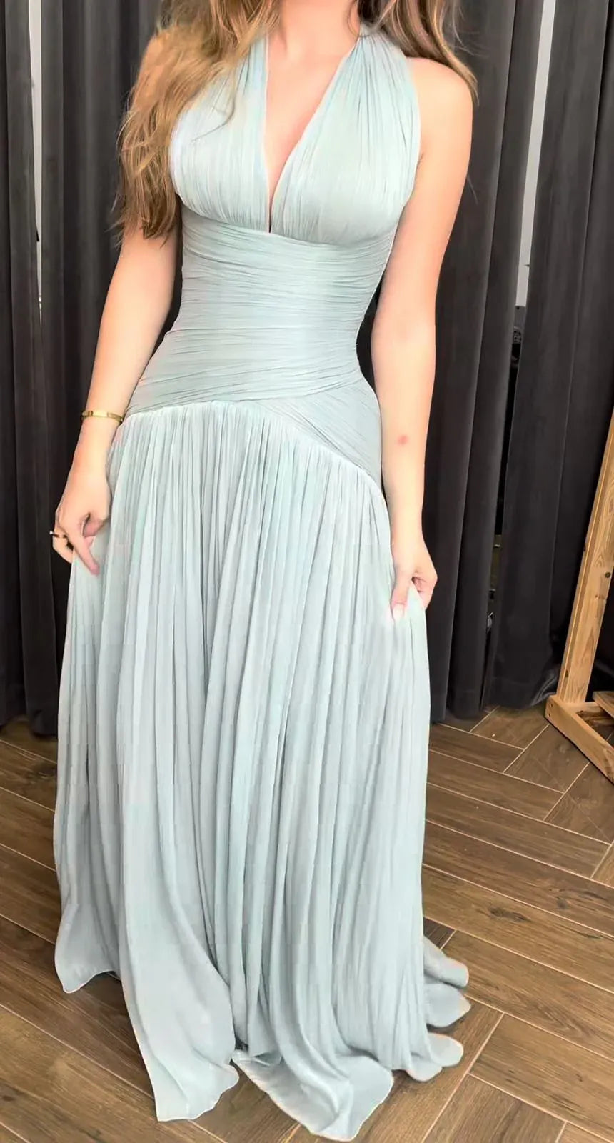 Ethereal Mermaid Halter Neck Sleeveless Ruched Mint Green Maxi Prom Dress for Women Hot Sale