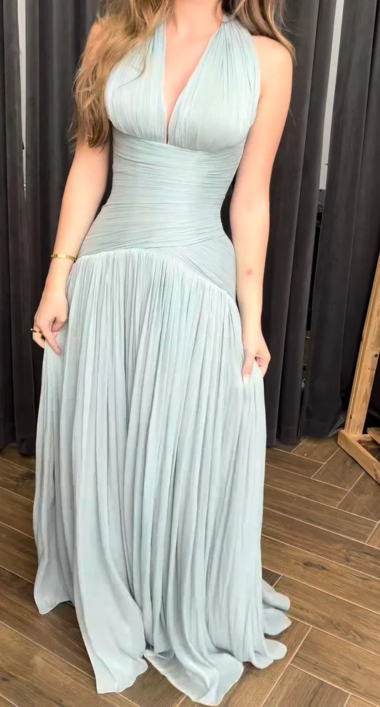 Ethereal Mermaid Halter Neck Sleeveless Ruched Mint Green Maxi Prom Dress for Women Hot Sale
