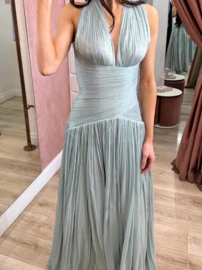Ethereal Mermaid Halter Neck Sleeveless Ruched Mint Green Maxi Prom Dress for Women Hot Sale