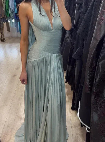 Ethereal Mermaid Halter Neck Sleeveless Ruched Mint Green Maxi Prom Dress for Women Hot Sale
