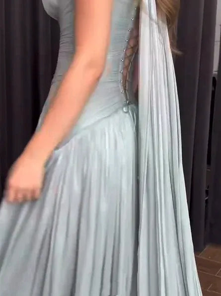 Ethereal Mermaid Halter Neck Sleeveless Ruched Mint Green Maxi Prom Dress for Women Hot Sale