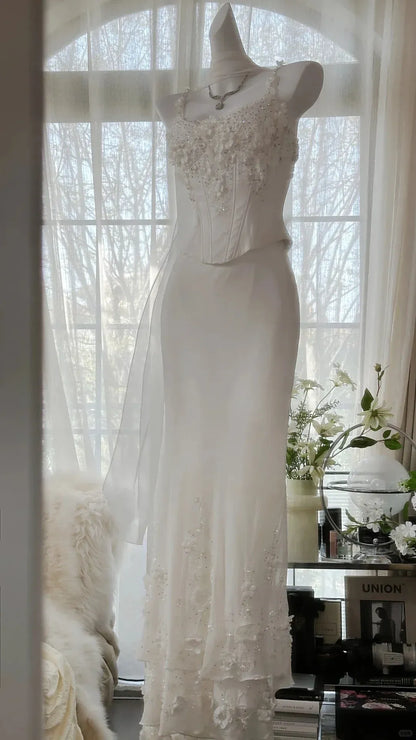 Ethereal Mermaid Square-Neck Sleeveless Sequin-Accented White Maxi Prom Dress for Women ready to ship