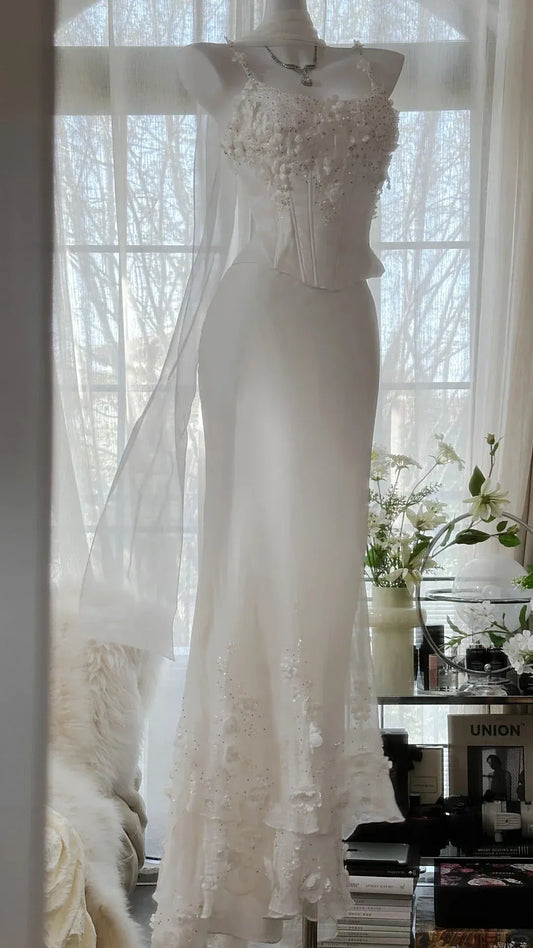 Ethereal Mermaid Square-Neck Sleeveless Sequin-Accented White Maxi Prom Dress for Women ready to ship