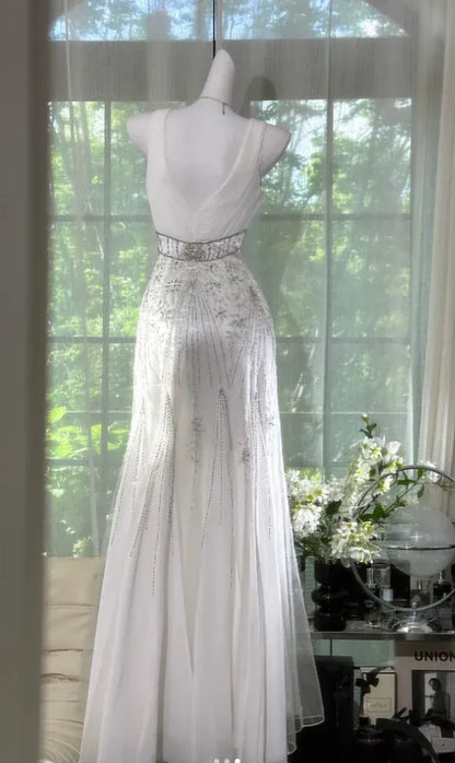 Ethereal Mermaid Sweetheart Neck Sleeveless Beaded White Maxi Prom Dress for Women Ready to Ship