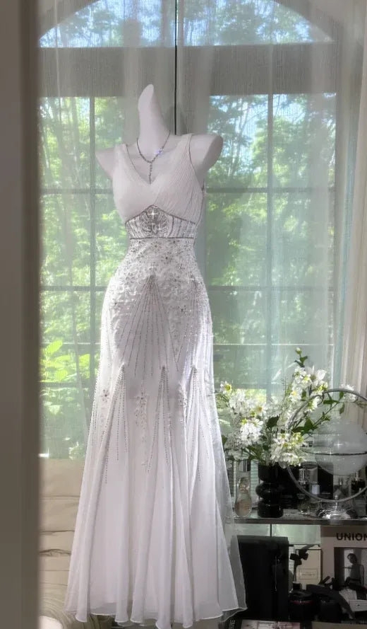 Ethereal Mermaid Sweetheart Neck Sleeveless Beaded White Maxi Prom Dress for Women Ready to Ship