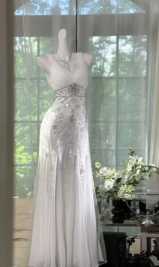Ethereal Mermaid Sweetheart Neck Sleeveless Beaded White Maxi Prom Dress for Women Ready to Ship