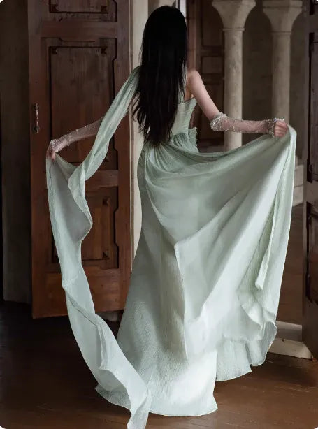 Ethereal Mermaid Sweetheart Neck Sleeveless Draped Sage Green Maxi Prom Dress for Women Custom