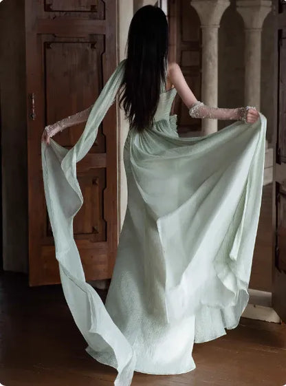 Ethereal Mermaid Sweetheart Neck Sleeveless Draped Sage Green Maxi Prom Dress for Women Custom