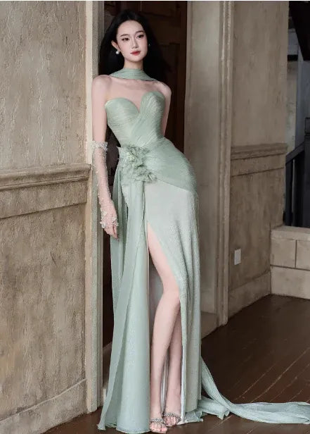 Ethereal Mermaid Sweetheart Neck Sleeveless Draped Sage Green Maxi Prom Dress for Women Custom