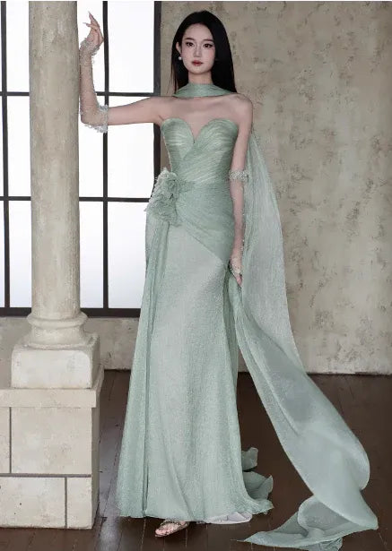 Ethereal Mermaid Sweetheart Neck Sleeveless Draped Sage Green Maxi Prom Dress for Women Custom