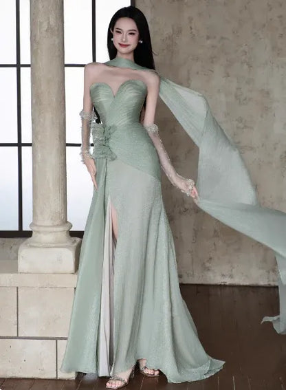 Ethereal Mermaid Sweetheart Neck Sleeveless Draped Sage Green Maxi Prom Dress for Women Custom