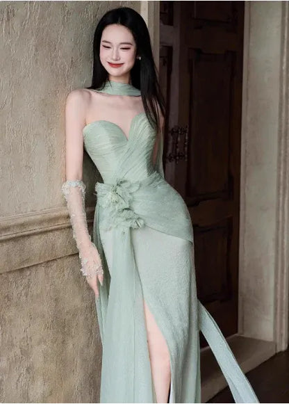 Ethereal Mermaid Sweetheart Neck Sleeveless Draped Sage Green Maxi Prom Dress for Women Custom
