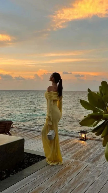 Ethereal Sheath Off-Shoulder Long-Sleeve Canary Yellow Long Prom Dress for Women Ready to Ship