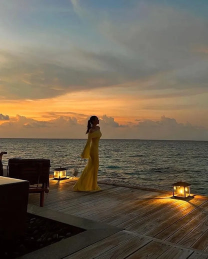 Ethereal Sheath Off-Shoulder Long-Sleeve Canary Yellow Long Prom Dress for Women Ready to Ship