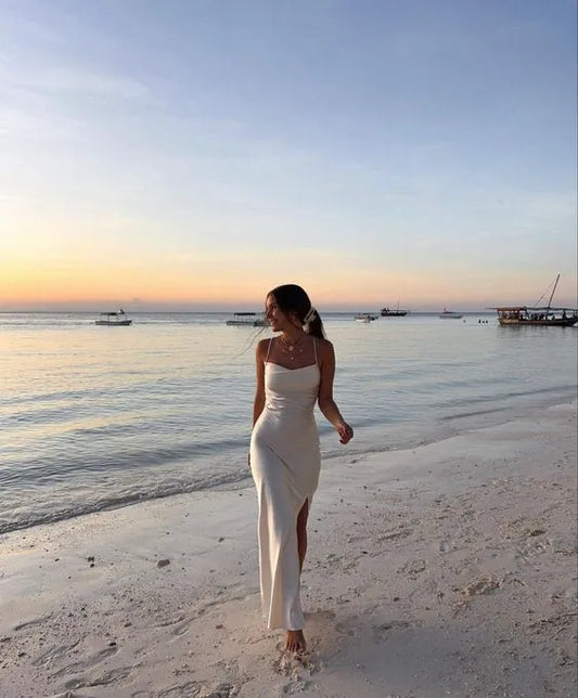Ethereal Sheath Spaghetti-Strap Satin Ivory Maxi Evening Dress for Women
