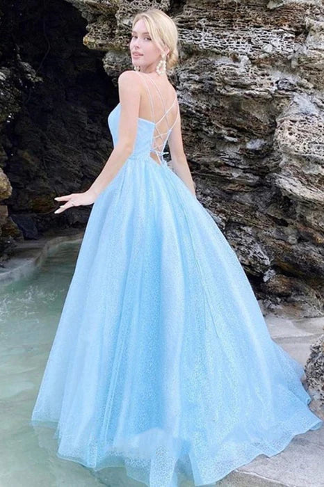 Ethereal Square Neck Spaghetti Strap Lace Sky Blue Prom Dress
