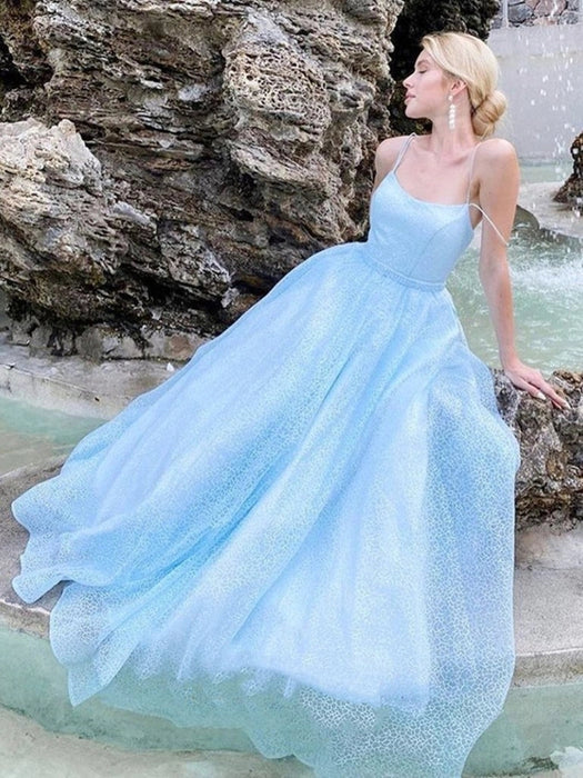 Ethereal Square Neck Spaghetti Strap Lace Sky Blue Prom Dress