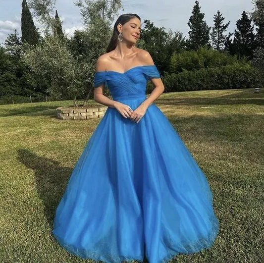 Ethereal Tulle Floor-Length Evening Dress Cobalt Off-Shoulder Sleeveless Formal Women