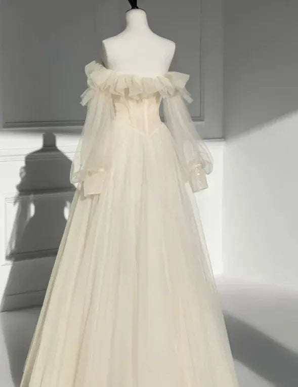 Ethereal Tulle Maxi Evening Dress Ivory Off-Shoulder Ruffle Sheer Sleeves for Women