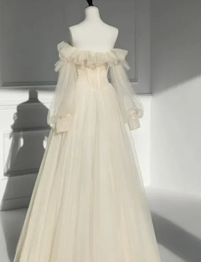 Ethereal Tulle Maxi Evening Dress Ivory Off-Shoulder Ruffle Sheer Sleeves for Women