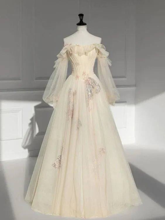 Ethereal Tulle Maxi Evening Dress Ivory Off-Shoulder Ruffle Sheer Sleeves for Women