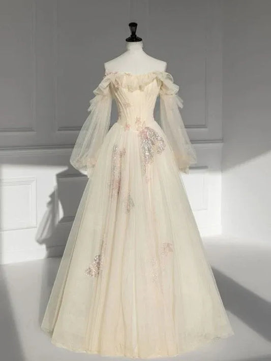 Ethereal Tulle Maxi Evening Dress Ivory Off-Shoulder Ruffle Sheer Sleeves for Women