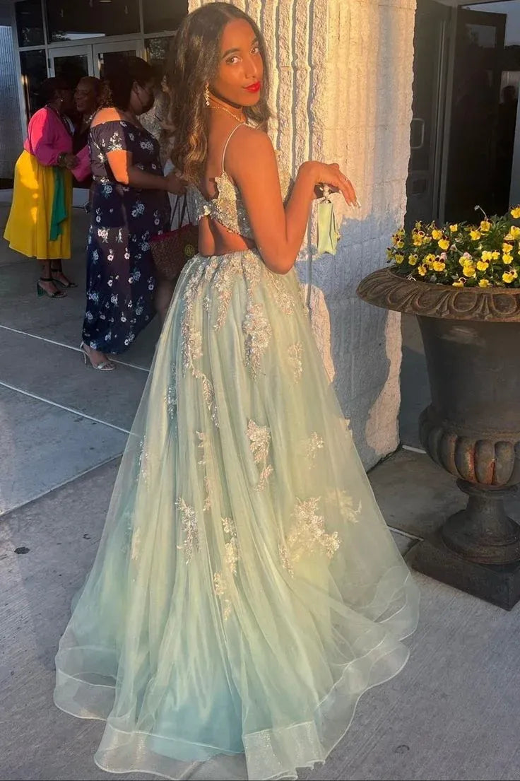 Ethereal Tulle Maxi Evening Dress Mint Green Deep V Sleeveless for Women