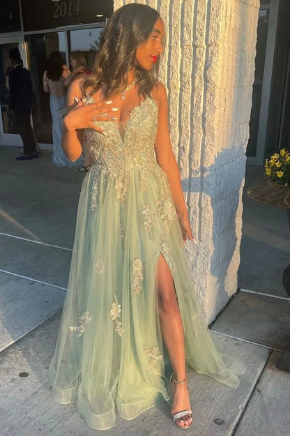 Ethereal Tulle Maxi Evening Dress Mint Green Deep V Sleeveless for Women