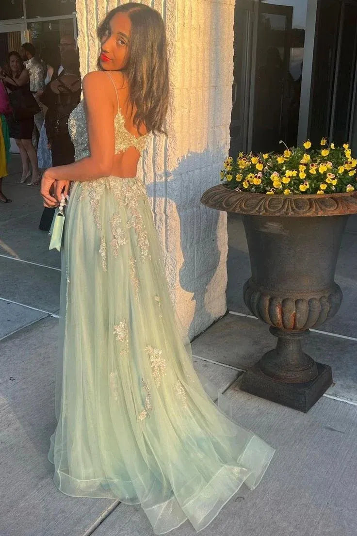 Ethereal Tulle Maxi Evening Dress Mint Green Deep V Sleeveless for Women