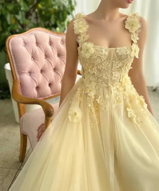 Ethereal Tulle Maxi Evening Dress Pale Yellow Square Neck Sleeveless for Women