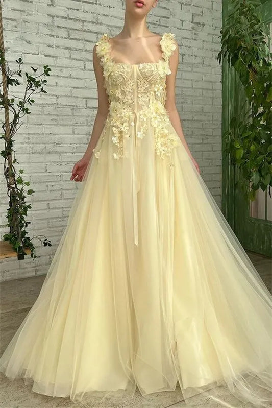 Ethereal Tulle Maxi Evening Dress Pale Yellow Square Neck Sleeveless for Women