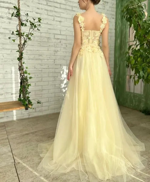 Ethereal Tulle Maxi Evening Dress Pale Yellow Square Neck Sleeveless for Women