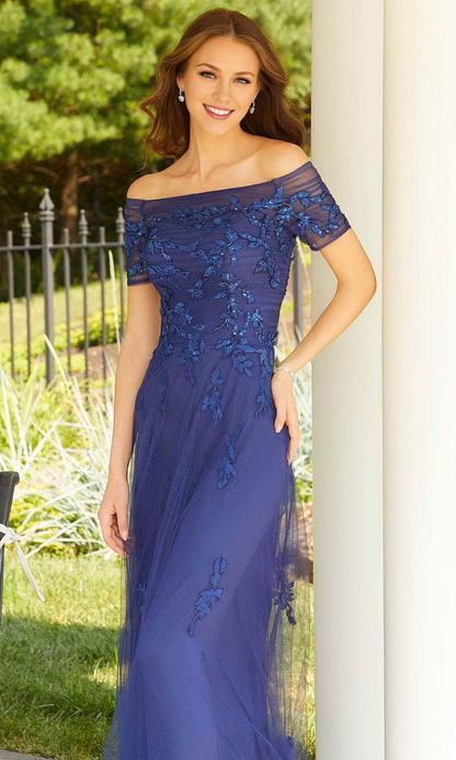Evening Dresses For Women/ A-line Off-Shoulder Short Sleeves Appliqués and Bead Prom Gown Evening Dresses