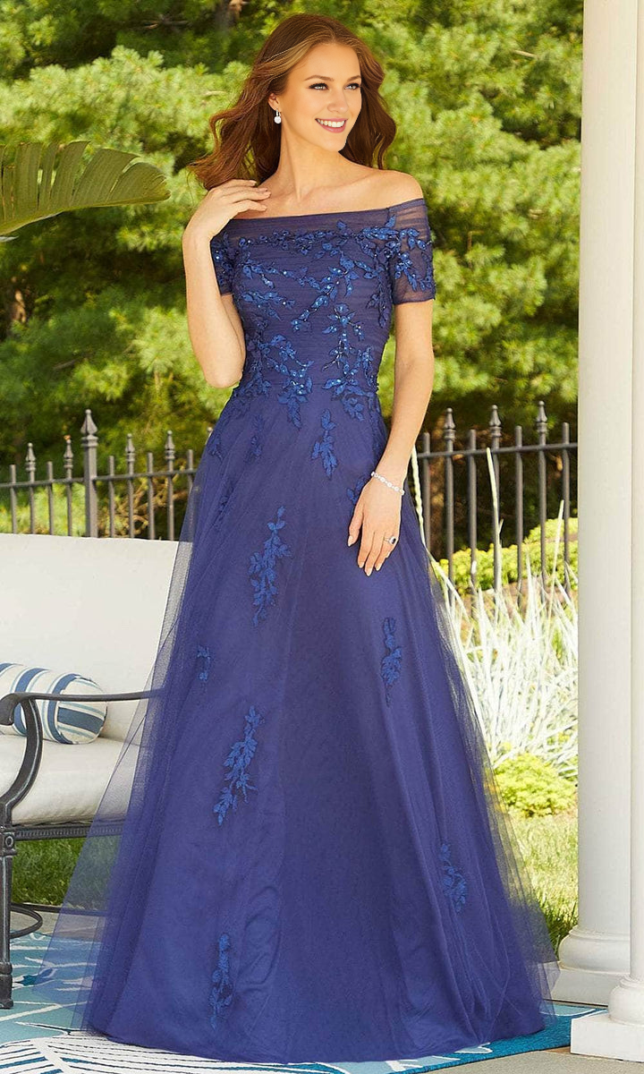 Evening Dresses For Women/ A-line Off-Shoulder Short Sleeves Appliqués and Bead Prom Gown Evening Dresses