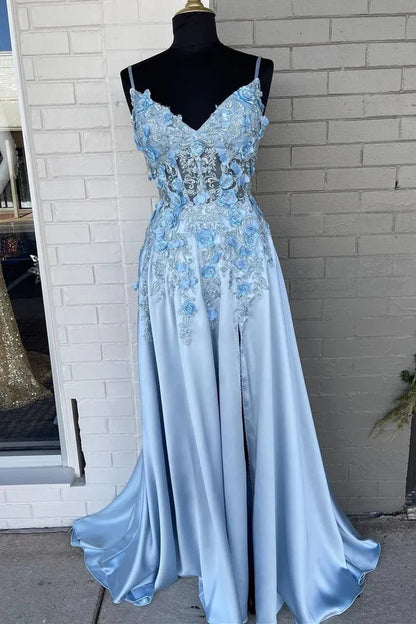 Exquisite A-line Spaghetti Straps Sleeveless Satin Backless Sweep/Brush Train Prom Dress