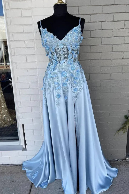 Exquisite A-line Spaghetti Straps Sleeveless Satin Backless Sweep/Brush Train Prom Dress