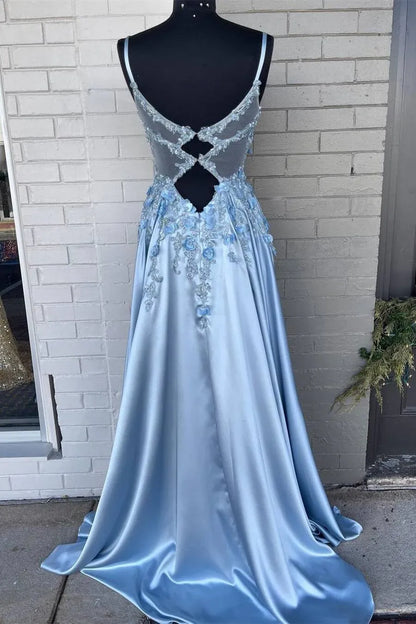 Exquisite A-line Spaghetti Straps Sleeveless Satin Backless Sweep/Brush Train Prom Dress