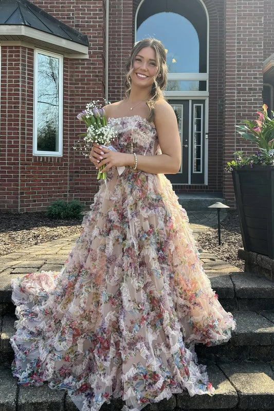 Exquisite A-line Strapless Sleeveless Ruffle Tulle Floor-Length Prom Dress
