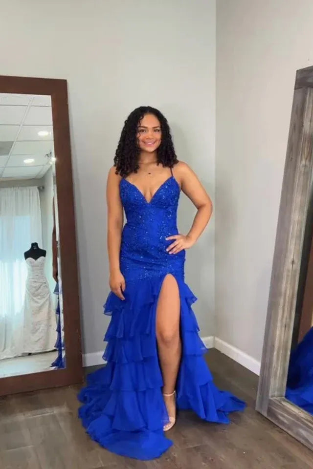 Exquisite Mermaid V Neck Sleeveless Chiffon Appliques Floor-Length Prom Dress