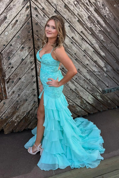 Exquisite Mermaid V Neck Sleeveless Chiffon Appliques Floor-Length Prom Dress
