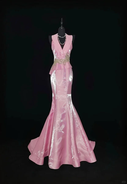 Exquisite Mermaid V Neck Sleeveless Pleated Backless Satin Floor-Length Prom Dress