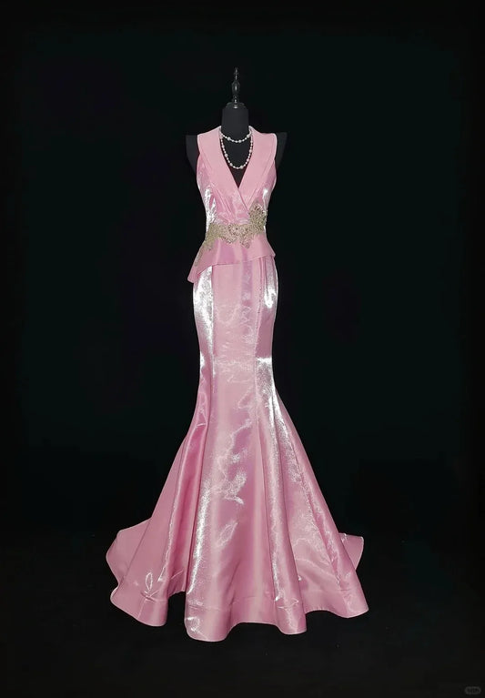 Exquisite Mermaid V Neck Sleeveless Pleated Backless Satin Floor-Length Prom Dress