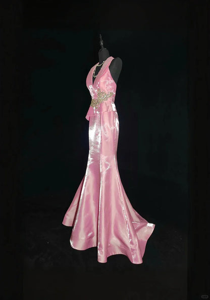 Exquisite Mermaid V Neck Sleeveless Pleated Backless Satin Floor-Length Prom Dress