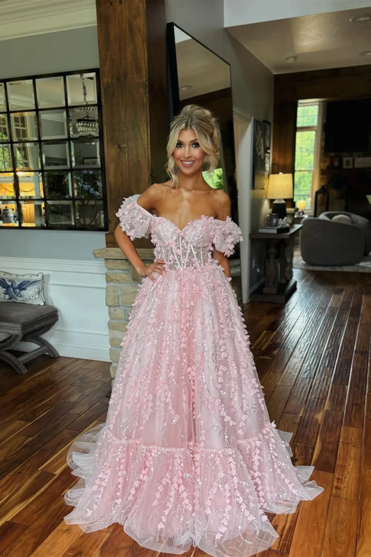 Exquisite Sweetheart Short Sleeve Ball Gown Flower Tulle Floor-Length Prom Dress