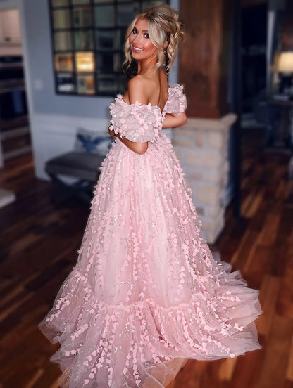 Exquisite Sweetheart Short Sleeve Ball Gown Flower Tulle Floor-Length Prom Dress