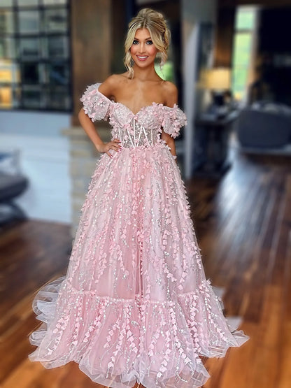 Exquisite Sweetheart Short Sleeve Ball Gown Flower Tulle Floor-Length Prom Dress