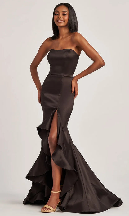 Exquisite Tailoring Mermaid Strapless Ruffled High Slit Black Floor-Length Prom Dress